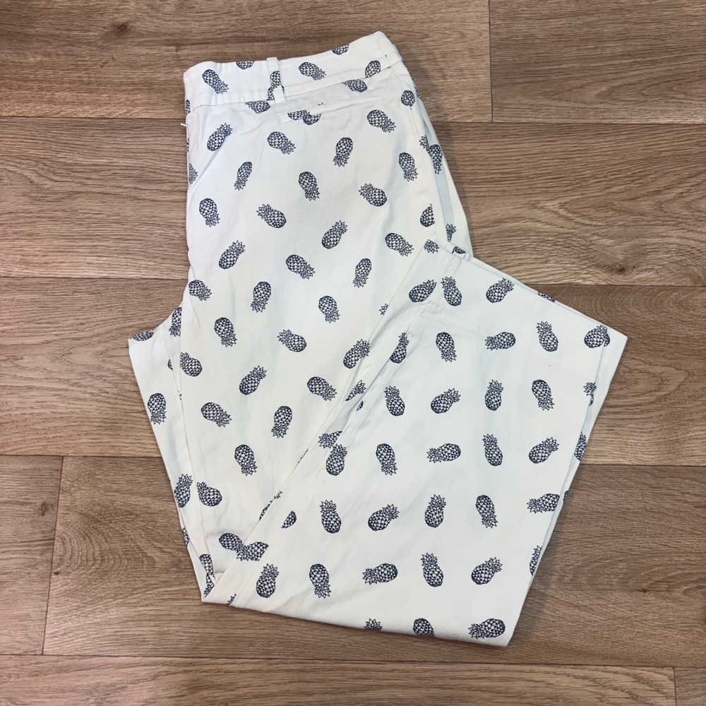 Talbots The Perfect Crop Curvy Pants White Navy Pineapple Print Size 8